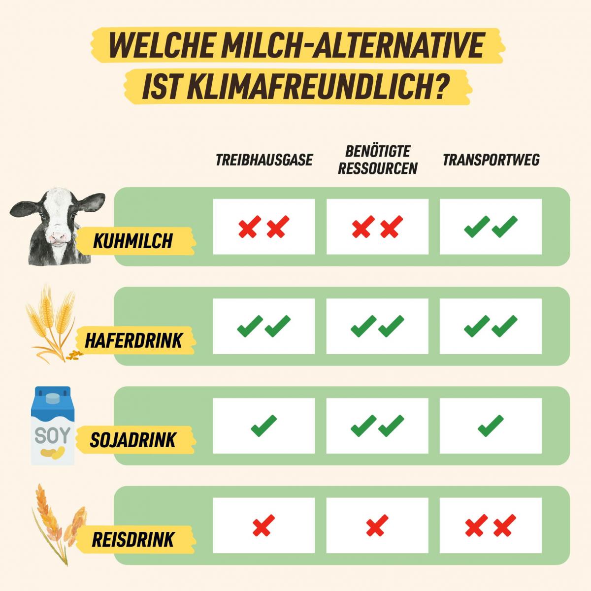 Die Klimafreundlichkeit von Milch-Alternativen wie Soja-, Hafer-, Reisdrinks