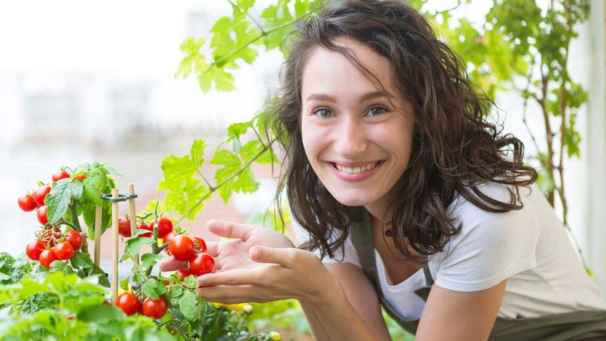 Eine Frau kümmert sich um eine Tomatenpflanze und lächelt in die Kamera