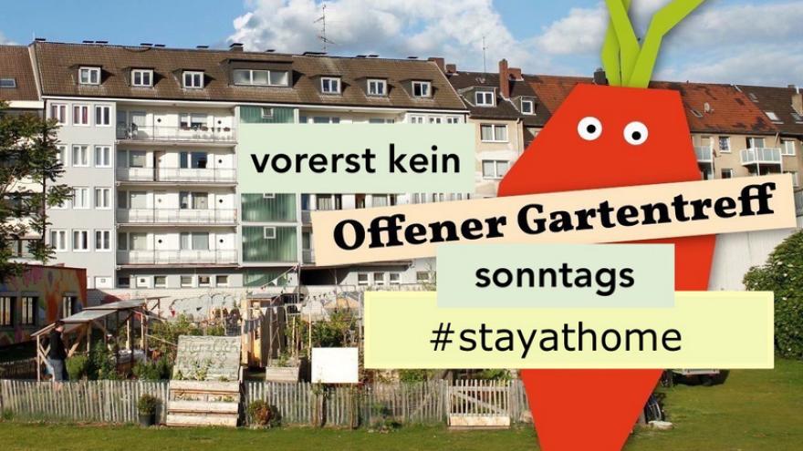 Der Gemeinschaftsgarten düsselgrün mit dem Hinweis, dass vorerst kein offener Gartentreff stattfindet.