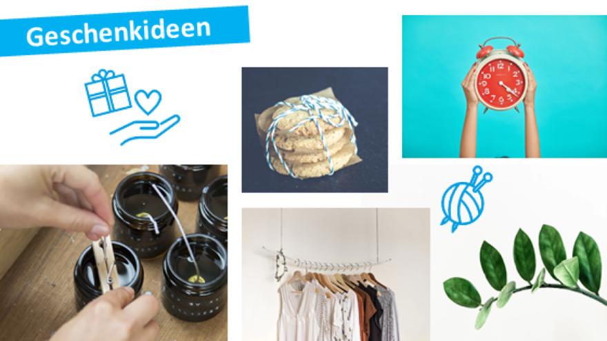 Verschiede Fotos mit Beispielen für Geschenke, z.B. ein Foto von selbstgebackenen Plätzchen