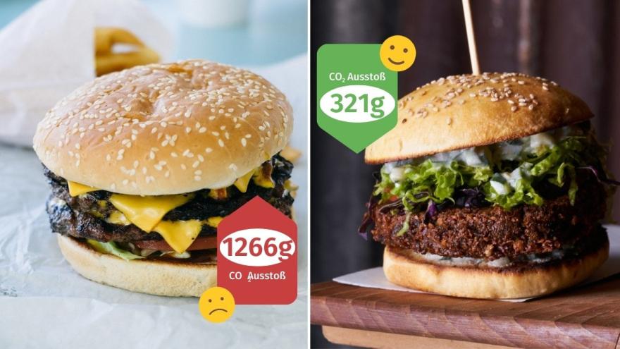 Ein Foto eines Hamburgers neben einem Foto eines vegetarischen Burgers