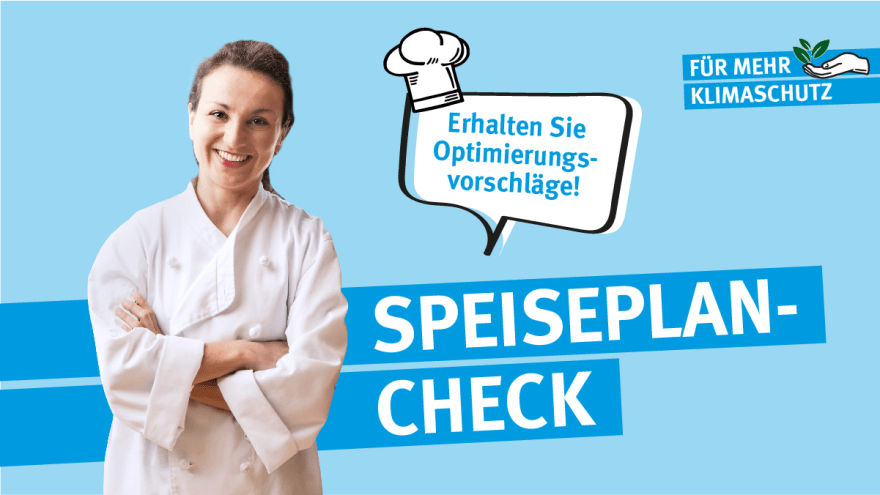 Schriftzug "Speiesplan-Check" und eine Köchin