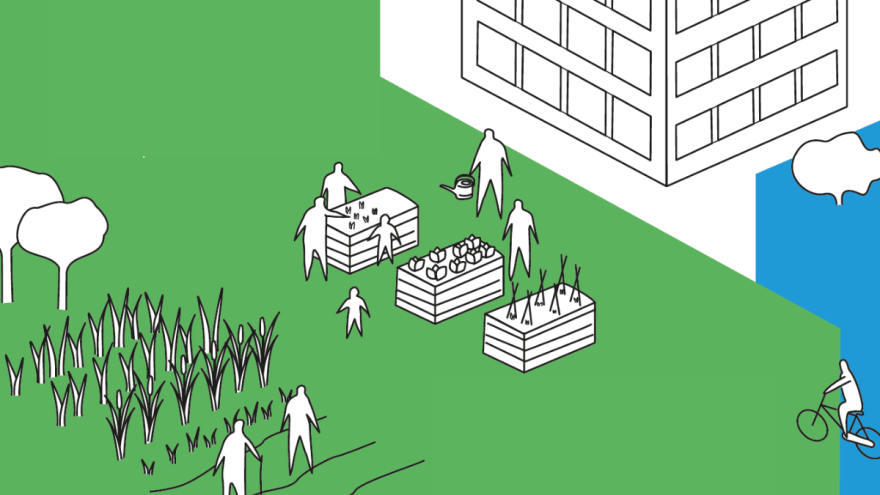 Illustration: Menschen, die an Hochbeeten gärtnern