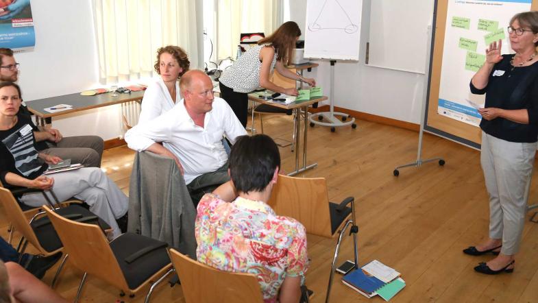 Workshopteilnehmer und Moderatorin