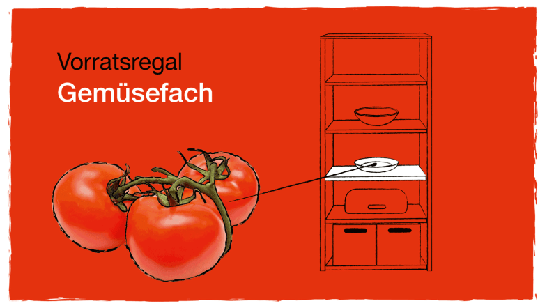 Zeichnung: Vorratsregal und Tomaten