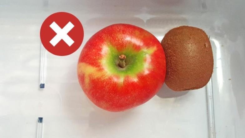 Apfel neben Kiwi im Kühlschrank