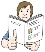 Grafik: Ein Mann hält ein Buch in der Hand und streckt den rechten Daumen nach oben