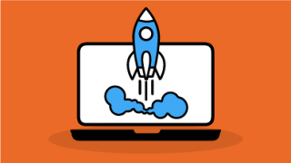 Laptop-Icon, aus dem eine Rakete startet
